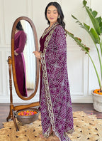 Vellora Viscose Silk Wine Casual Wear Bandhani Print Readymade Suit | Grocsy