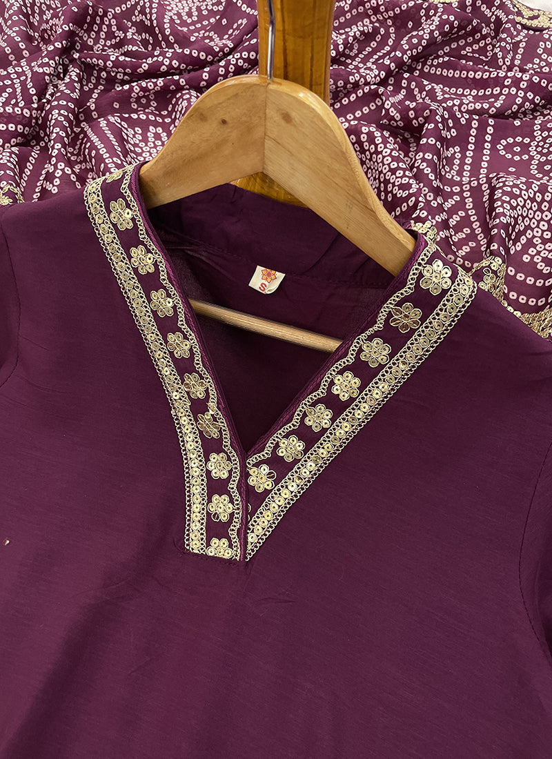 Vellora Viscose Silk Wine Casual Wear Bandhani Print Readymade Suit | Grocsy