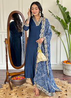 Vellora Viscose Silk Blue Casual Wear Bandhani Print Readymade Suit | Grocsy