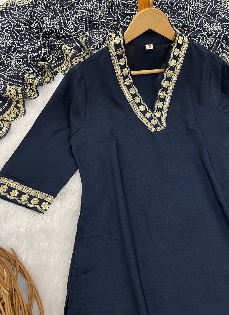 Vellora Viscose Silk Blue Casual Wear Bandhani Print Readymade Suit | Grocsy