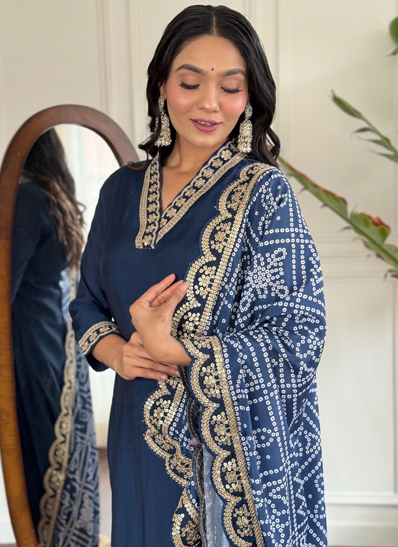 Vellora Viscose Silk Blue Casual Wear Bandhani Print Readymade Suit | Grocsy