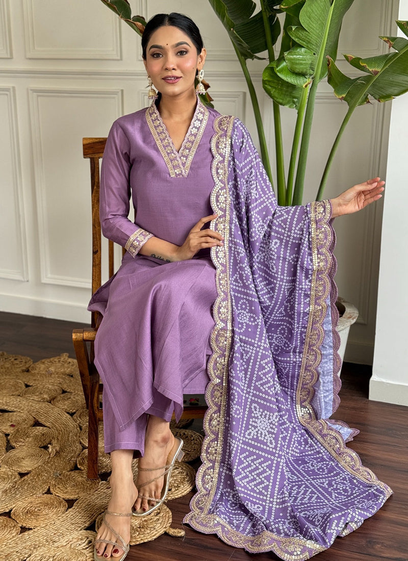 Vellora Viscose Silk Lavender Casual Wear Bandhani Print Readymade Suit | Grocsy