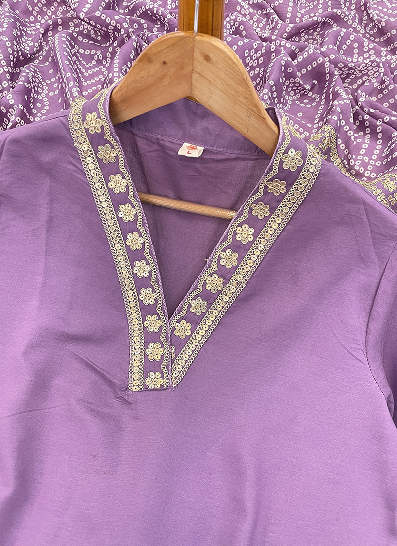Vellora Viscose Silk Lavender Casual Wear Bandhani Print Readymade Suit | Grocsy