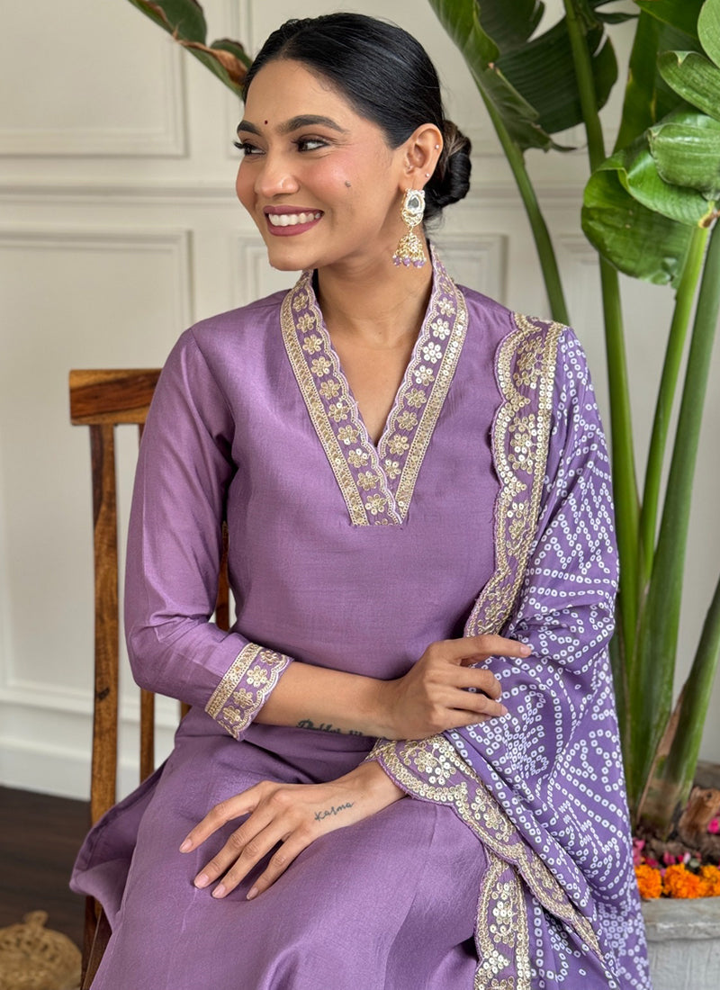 Vellora Viscose Silk Lavender Casual Wear Bandhani Print Readymade Suit | Grocsy