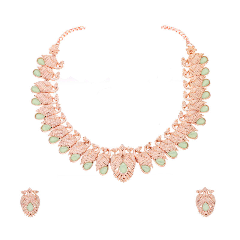 Tehzeeb Creations Rose Gold Sea Green Colour Necklace With Pair Of Earrings | Grocsy