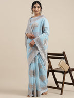 Saree Mall Turquoise Blue Floral Linen Blend Banarasi Saree | Grocsy