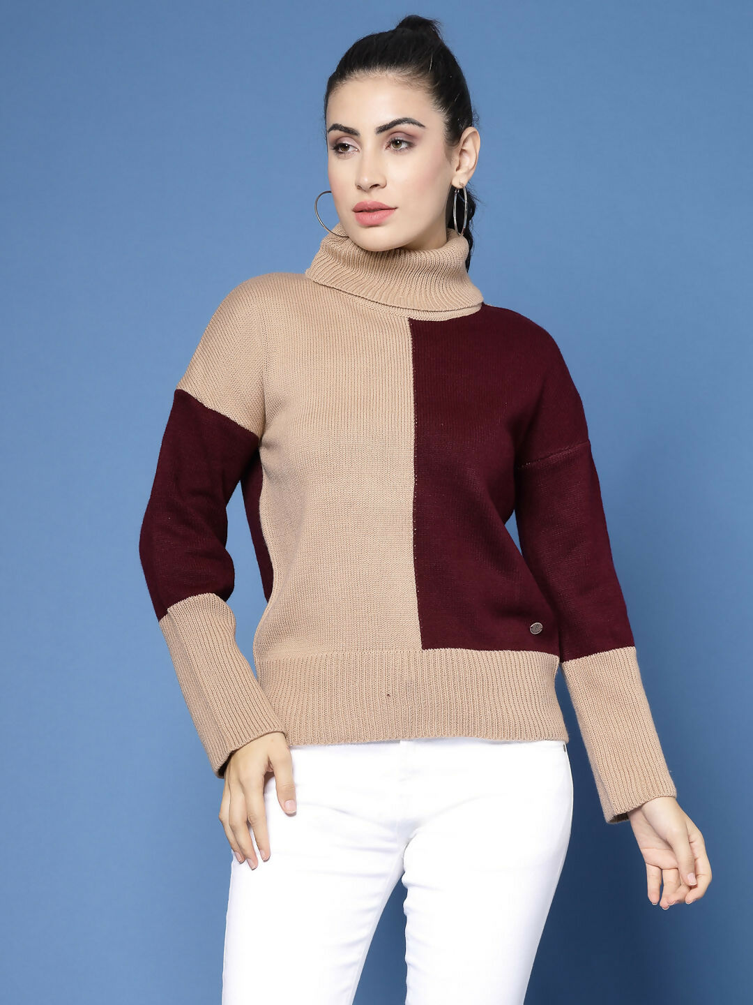 Women Winter Camel Brown Acrylic Sweater - Wool Trees | Grocsy