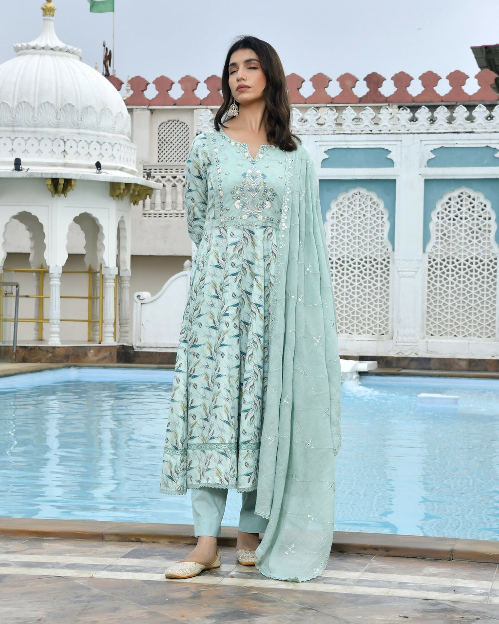 Vaasva Women's Sky Blue Cotton Anarkali Set With Solid Pant And Embroidered Dupatta | Grocsy