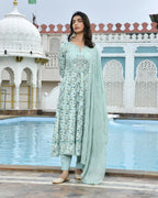 Vaasva Women's Sky Blue Cotton Anarkali Set With Solid Pant And Embroidered Dupatta | Grocsy