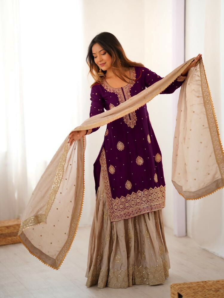 Lehenga Mart Designer Sharara Suit With Kurta, Sharara, Dupatta For Women-Wine | Grocsy