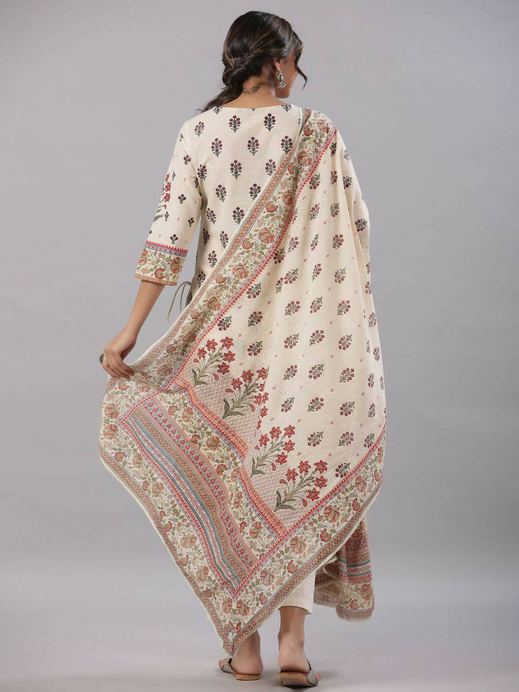 Juniper Women's Beige Cambric Floral Placement Printed Straight Fit Kurta Sets | Grocsy