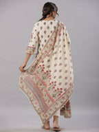 Juniper Women's Beige Cambric Floral Placement Printed Straight Fit Kurta Sets | Grocsy