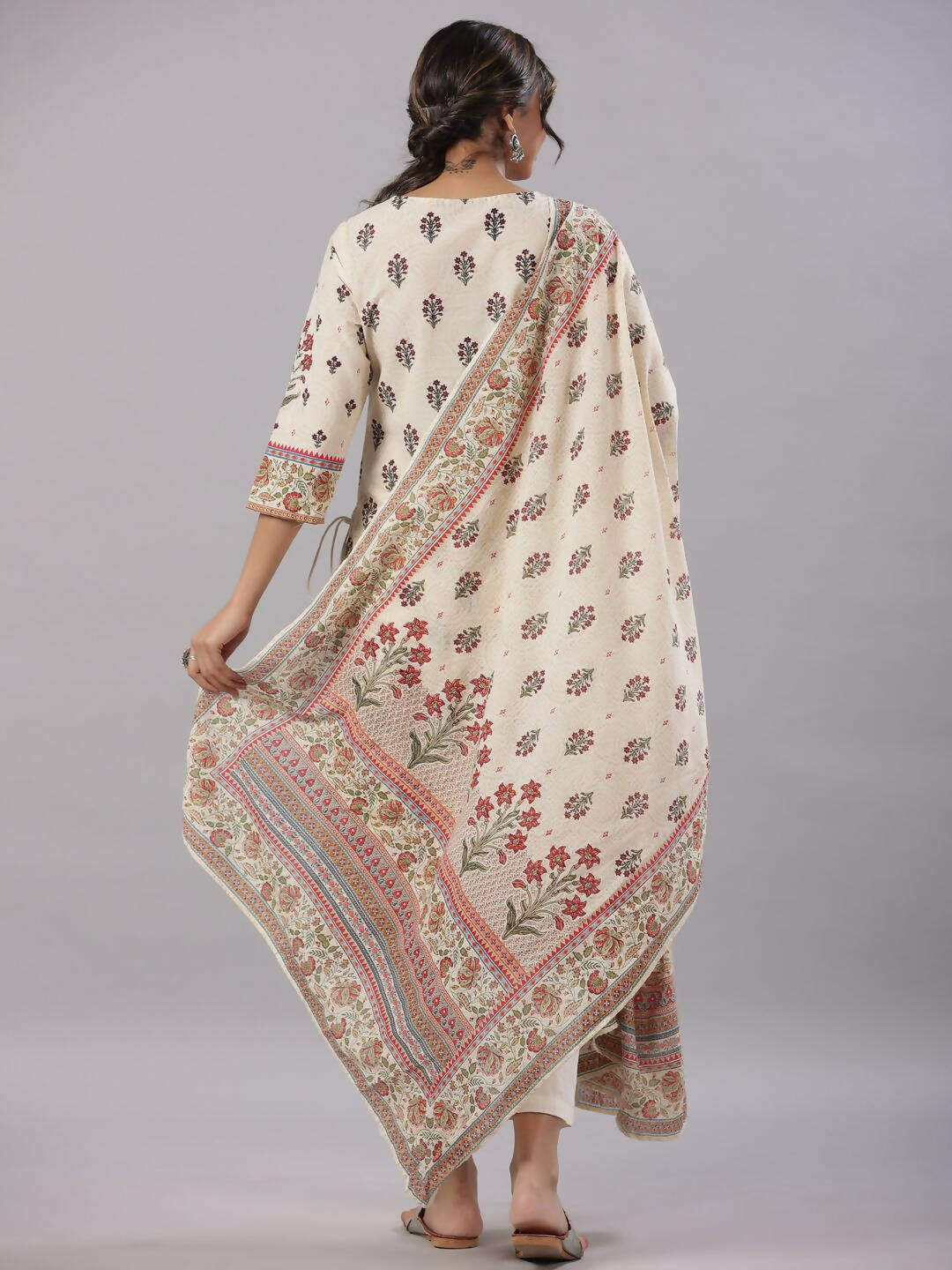 Juniper Women's Beige Cambric Floral Placement Printed Straight Fit Kurta Sets | Grocsy