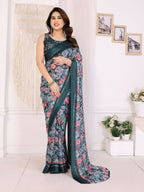 PR Fashion Morpich Bright Moss Satin Patta Printed Saree | Grocsy