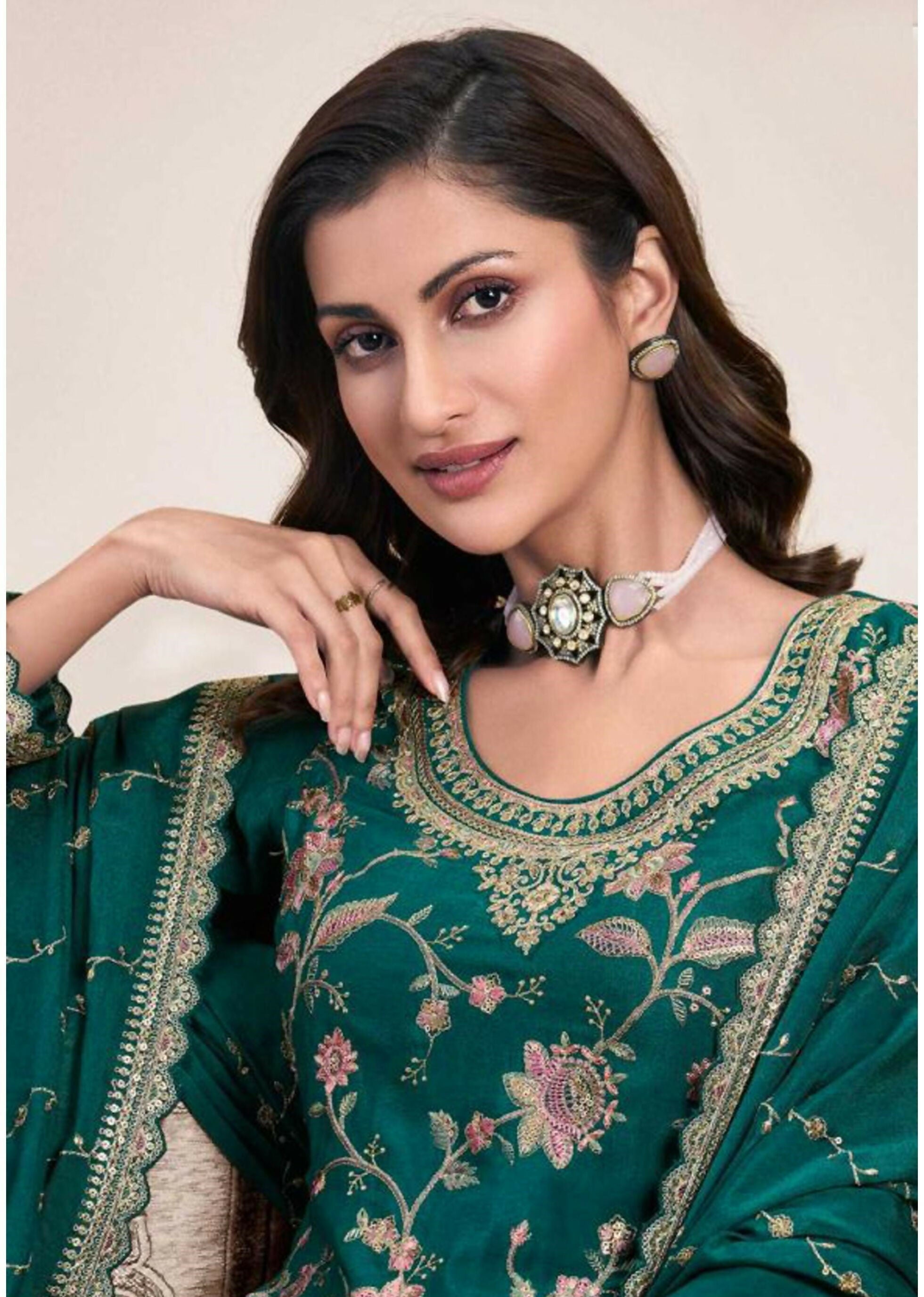 Anaita Green Heavy Chinon With Embroidery Sharara Suit (bottom Stitched) | Grocsy