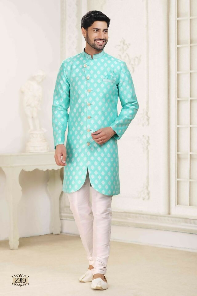 Raivat Ethnic Banarasi Jacquard Embroidery Semi Indo Western Sherwani In Green Colour | Grocsy