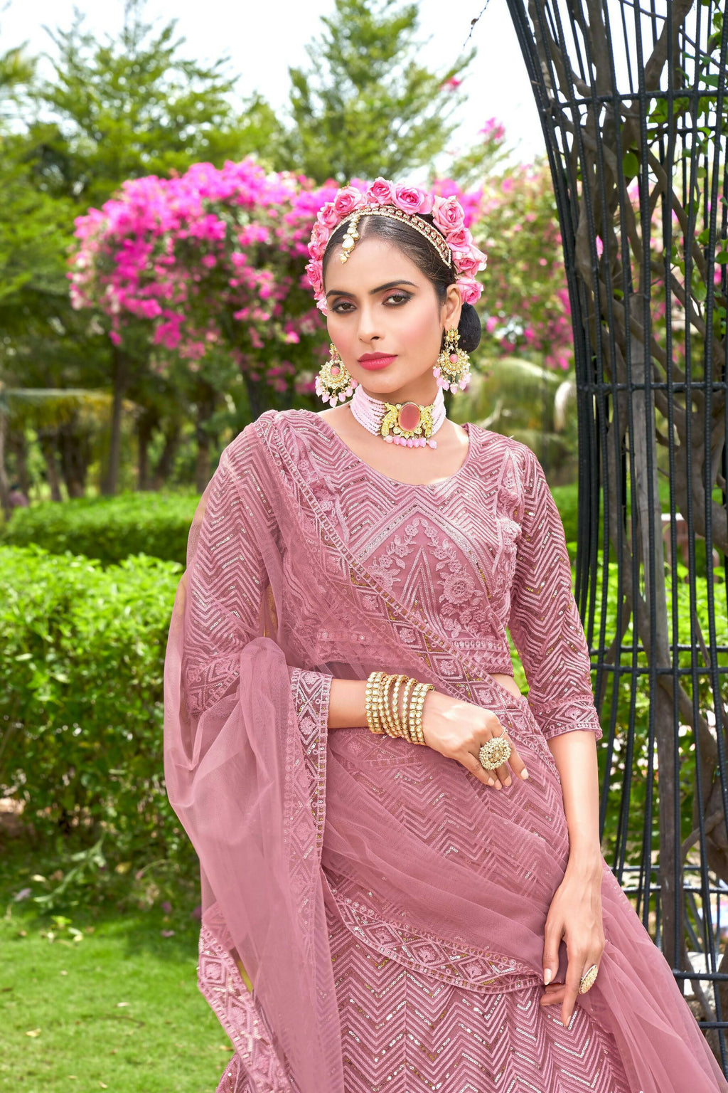 Pink Net Embroidered Semi Stitched Lehenga Choli with Dupatta - Bhagya | Grocsy