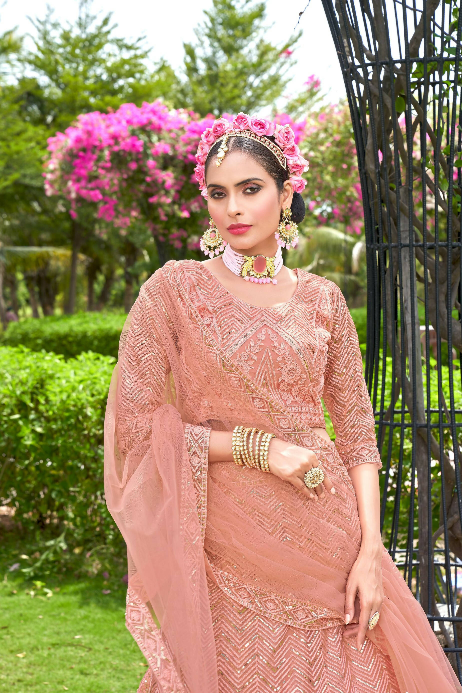 Peach Net Embroidered Semi Stitched Lehenga Choli with Dupatta - Bhagya | Grocsy