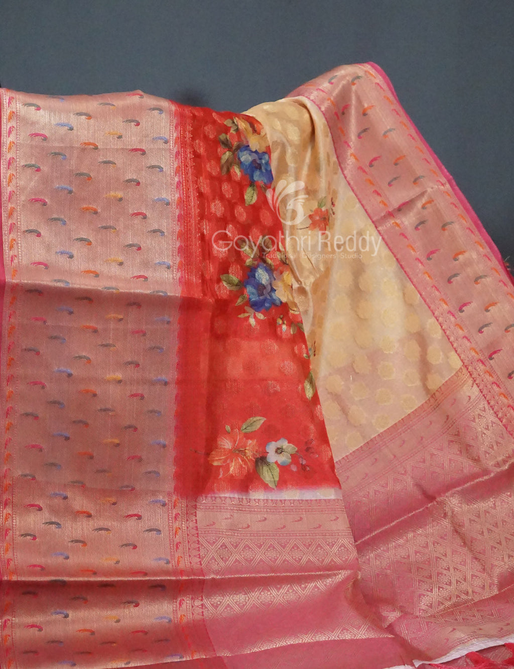 Shades of Red Colour Floral Design Banaras Semi Silk Saree By Gayathri Reddy Designer Studio | Grocsy