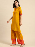 All About You Women Mustard Yellow & Pink Round Neck Regular Kurta with Palazzos | Grocsy