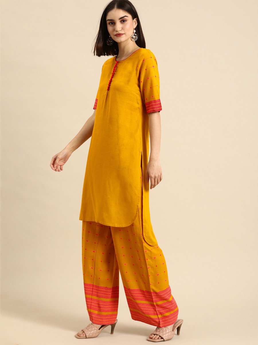 All About You Women Mustard Yellow & Pink Round Neck Regular Kurta with Palazzos | Grocsy