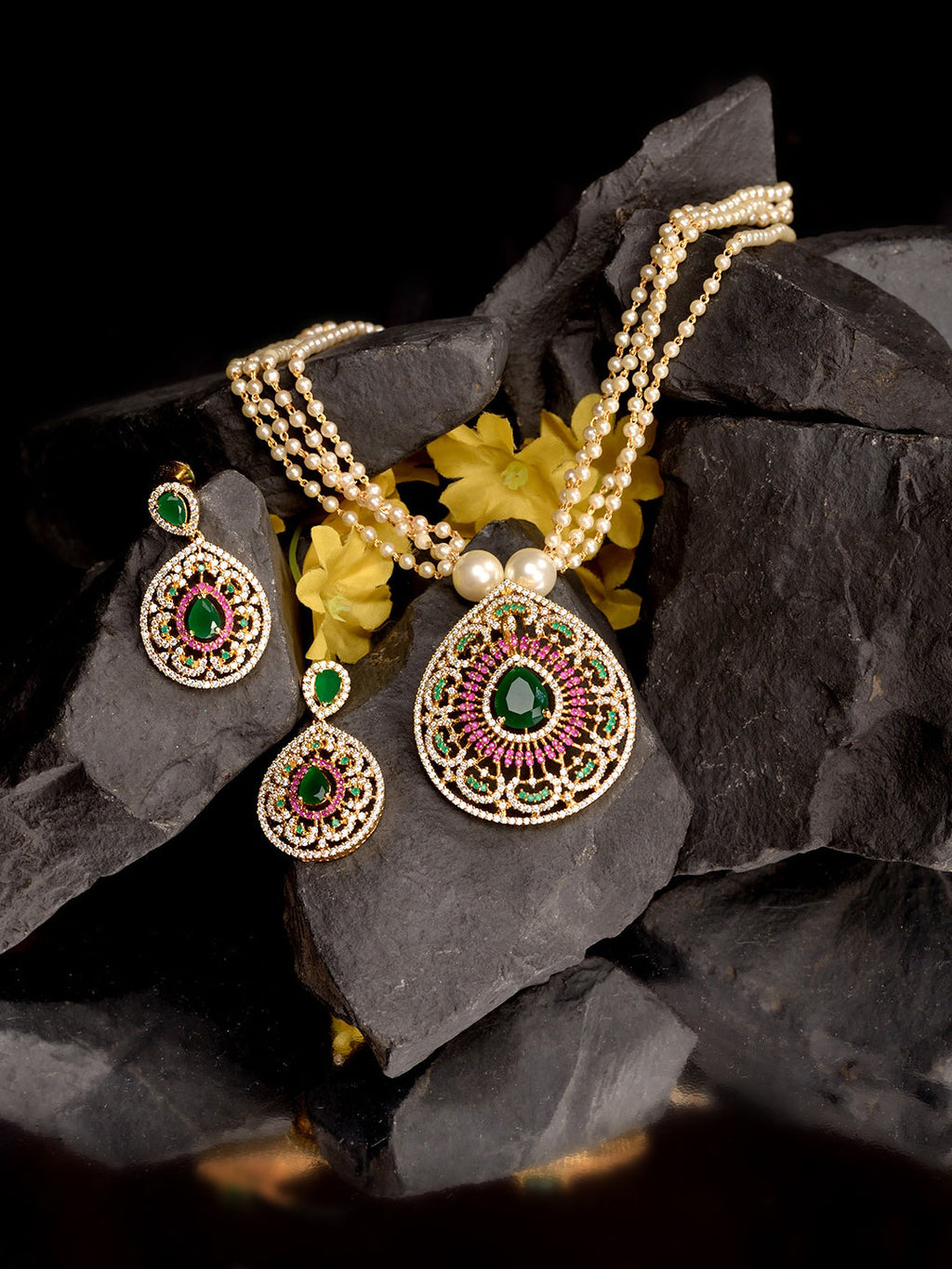 Saraf RS Jewellery Women Gold-Polished Multi Coloured AD Studded Pearl Mala & Earrings Set | Grocsy