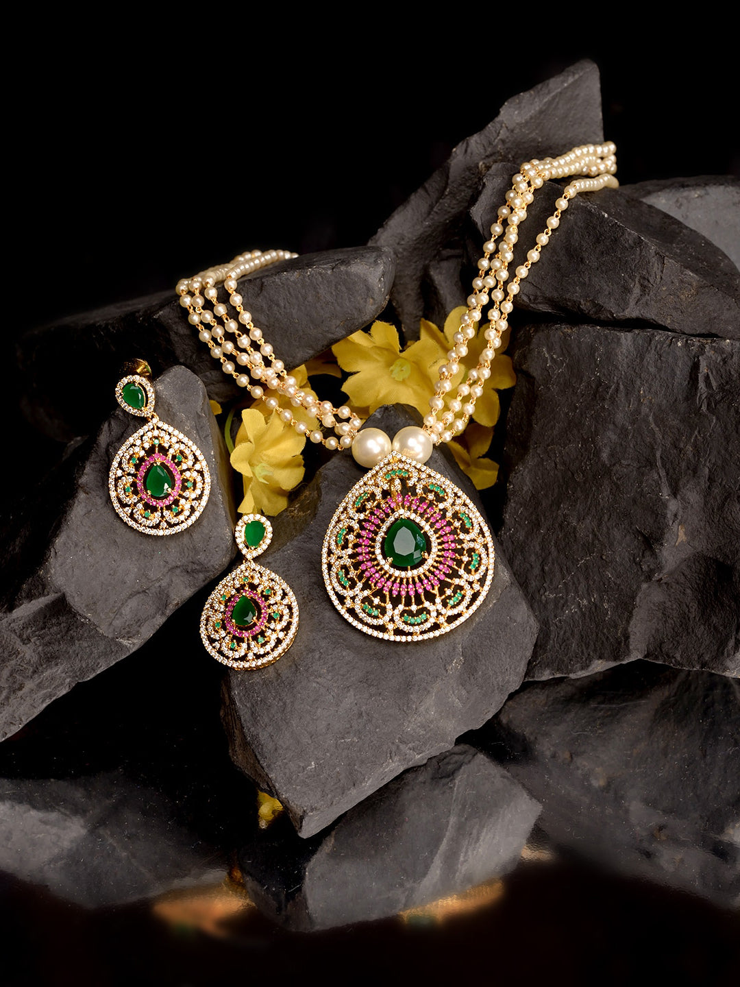 Saraf RS Jewellery Women Gold-Polished Multi Coloured AD Studded Pearl Mala & Earrings Set | Grocsy
