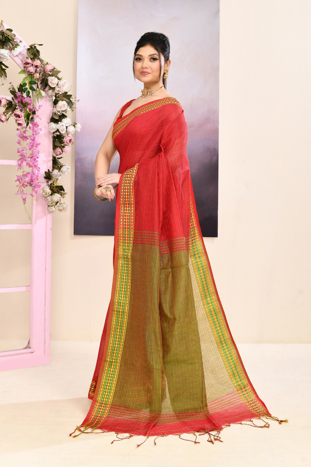 Piyari Fashion Women's Red Embellished Cotton Blend Jamdani Saree | Grocsy