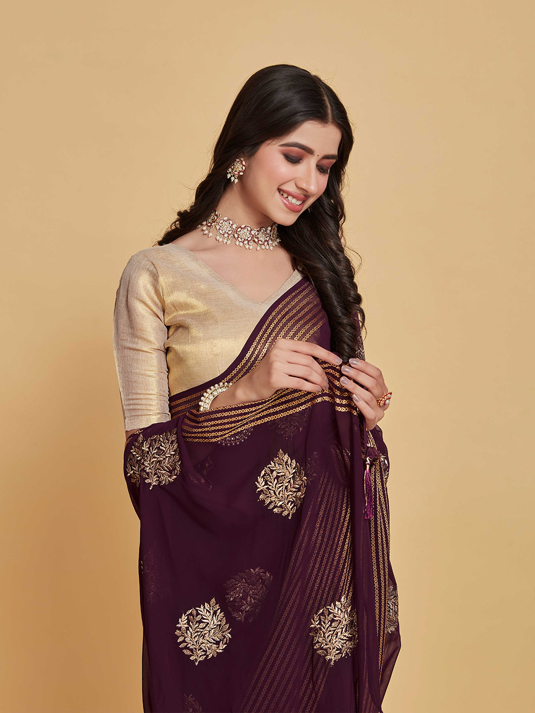Sangria Coffee Brown Ethnic Motifs Embroidered Zari Pure Georgette Saree | Grocsy
