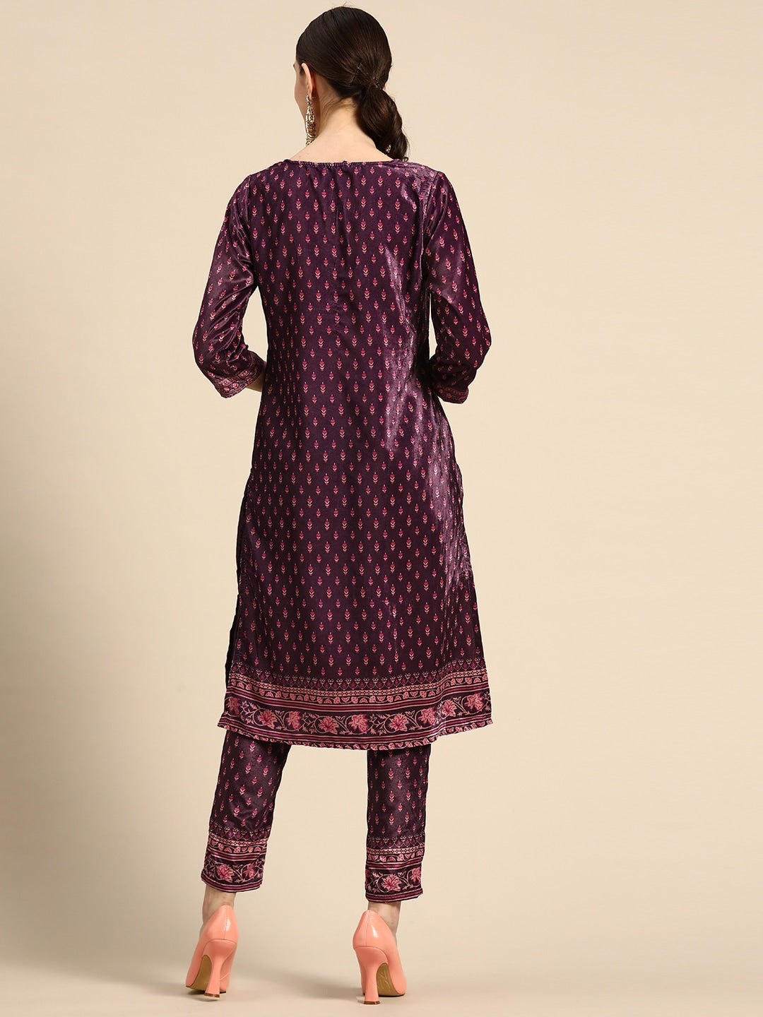 Sangria Women Burgundy & Pink Ethnic Motifs Printed Kurta with Trousers | Grocsy