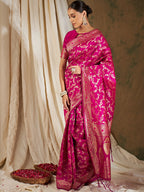 Sangria Pink & Gold-Toned Floral Woven Design Zari Banarasi Saree | Grocsy