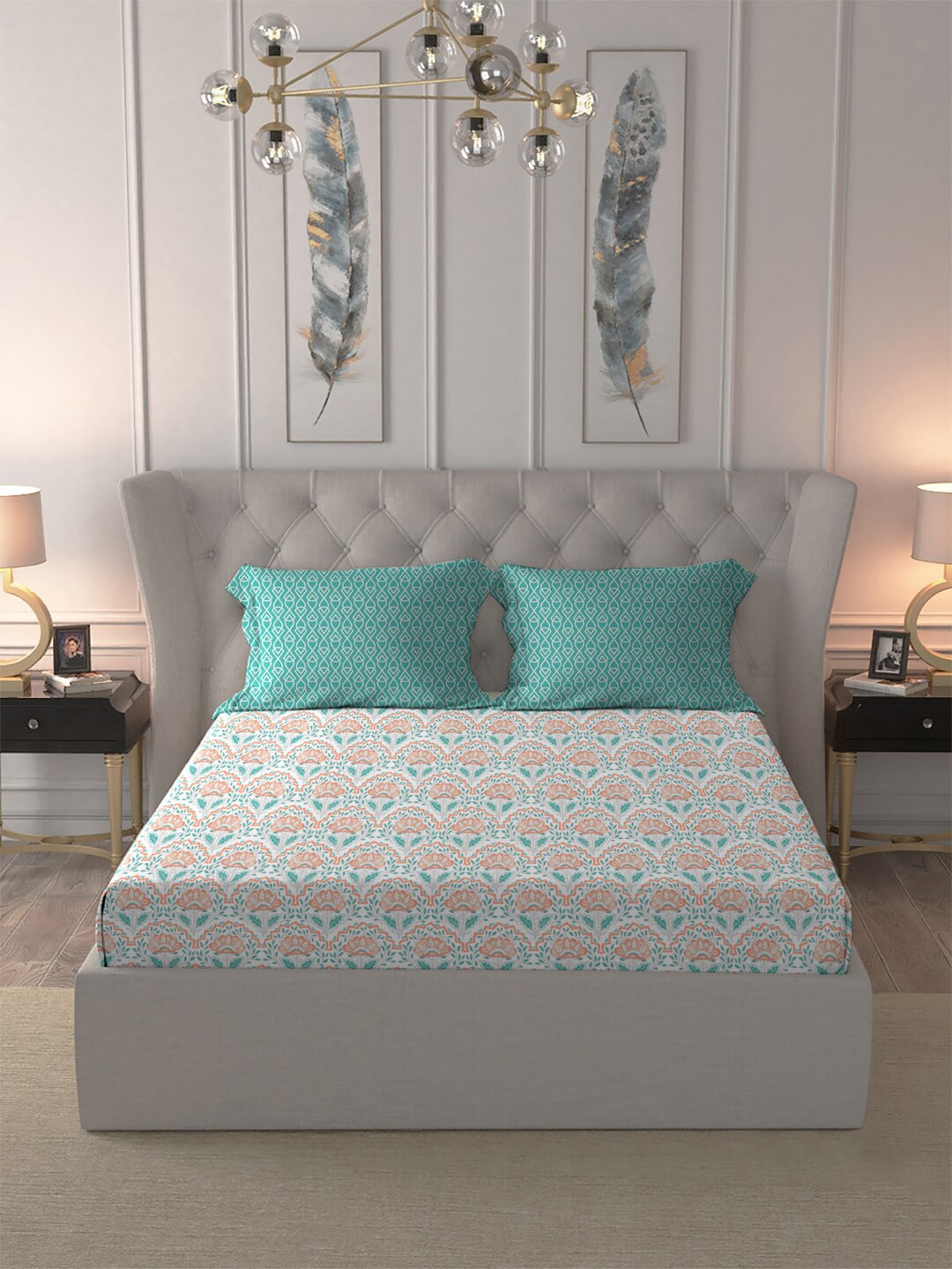 MYTRIDENT Orange Blue Ethnic Motifs Pure Cotton 120 TC Queen Bedsheet With 2 Pillow Covers | Grocsy