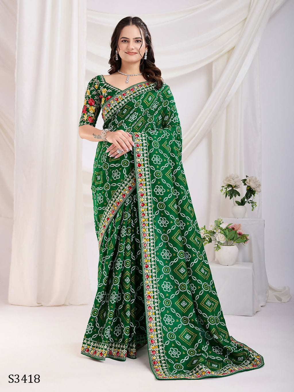 Green Vichitra Silk Bandhani Printed, Embroidery Work Saree - Ditya | Grocsy