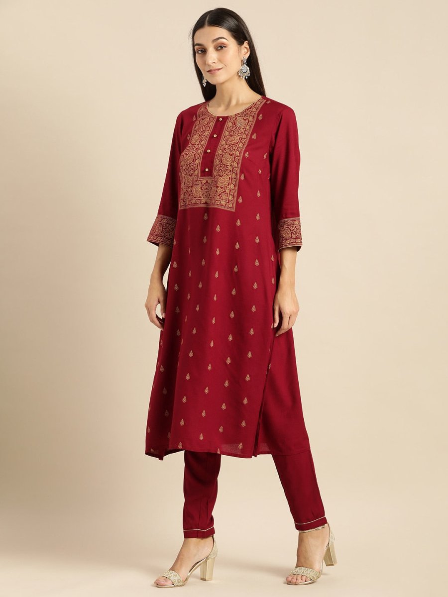 All About You Women Maroon Printed Kurta with Trousers | Grocsy
