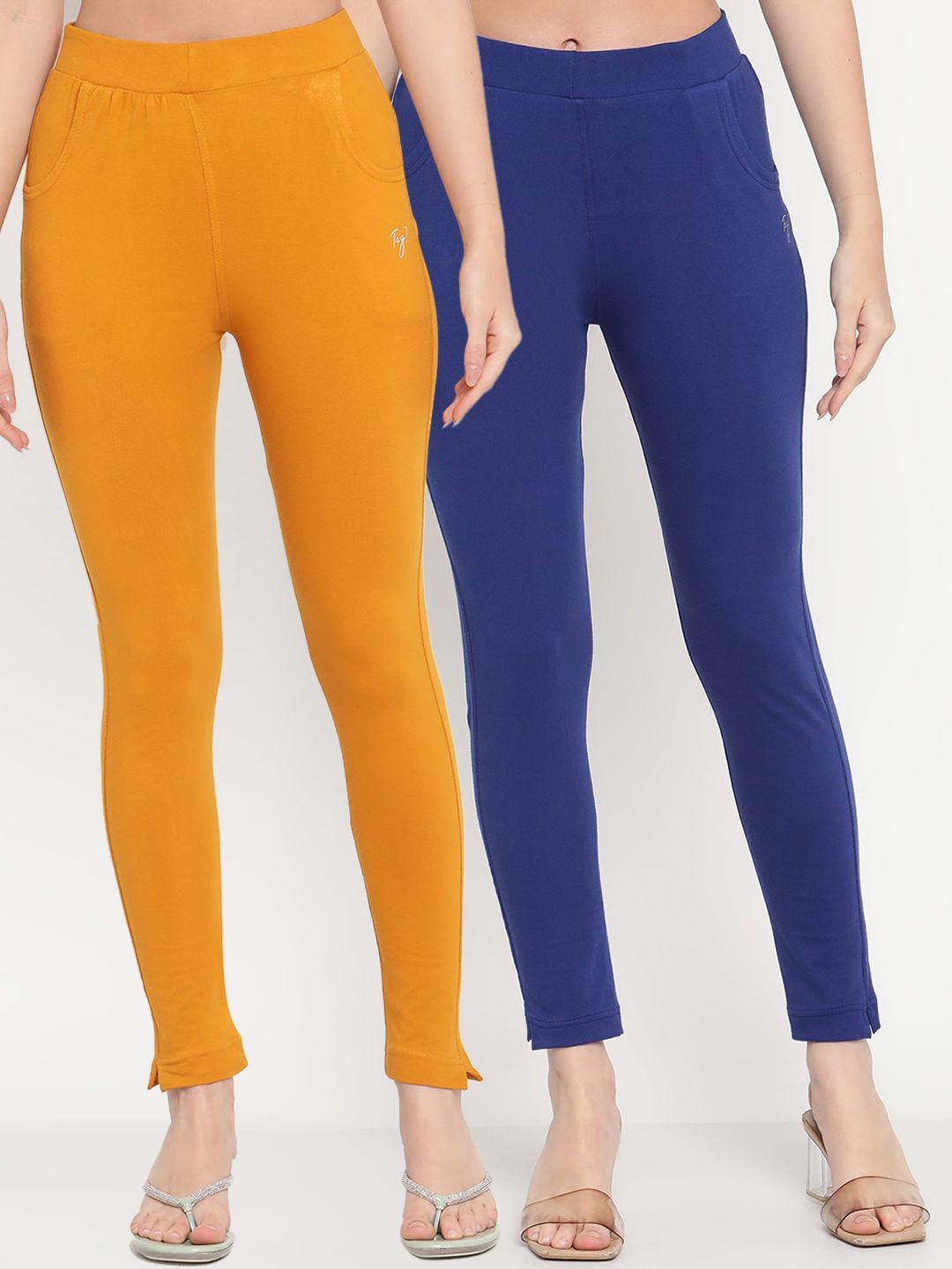 TAG 7 Women Blue & Mustard Yellow Pack of 2 Straight Fit Ankle-Length Leggings | Grocsy