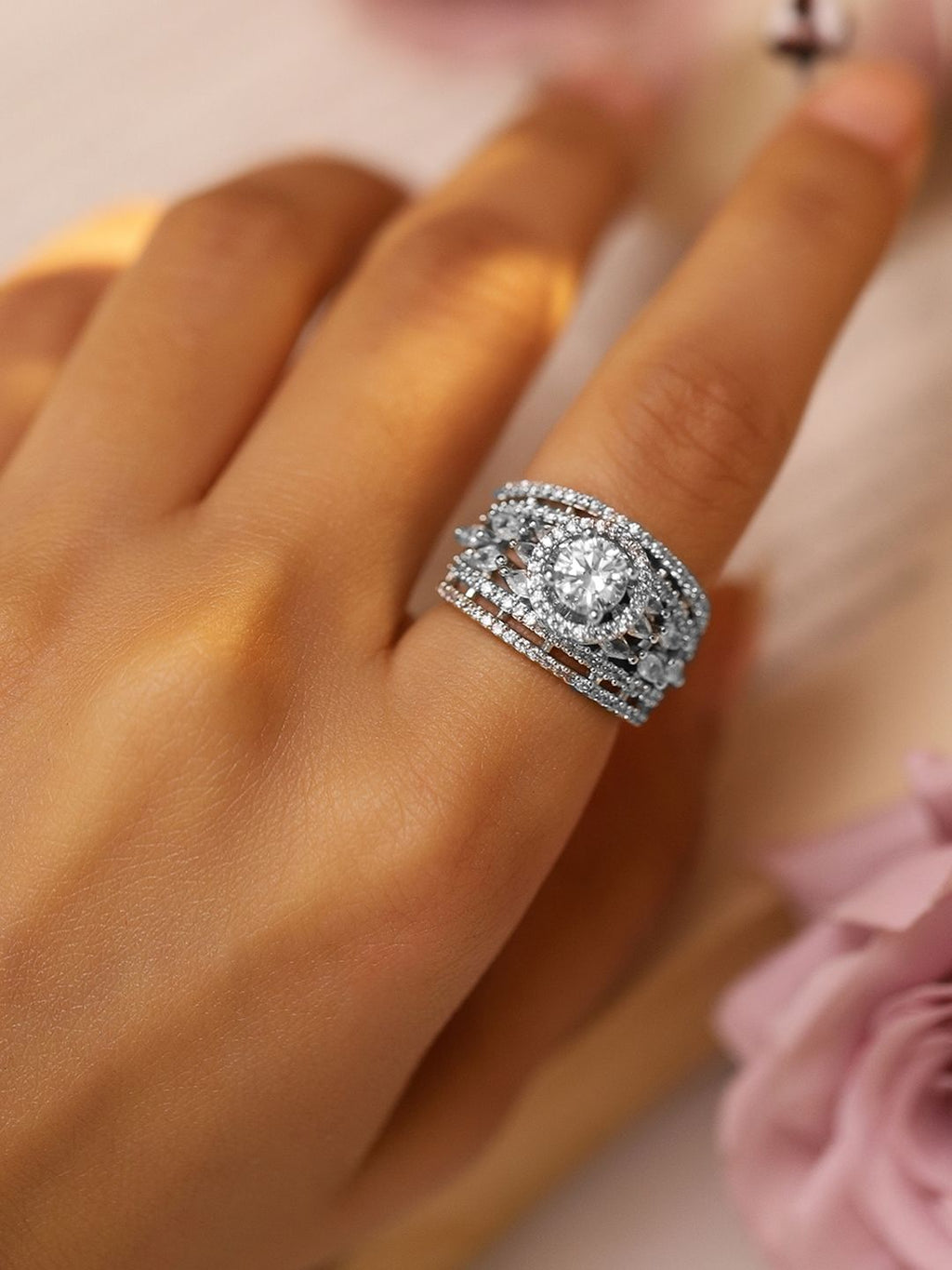 Rubans Women Rhodium Plated Cubic Zirconia Studded Adjustable Finger Ring | Grocsy