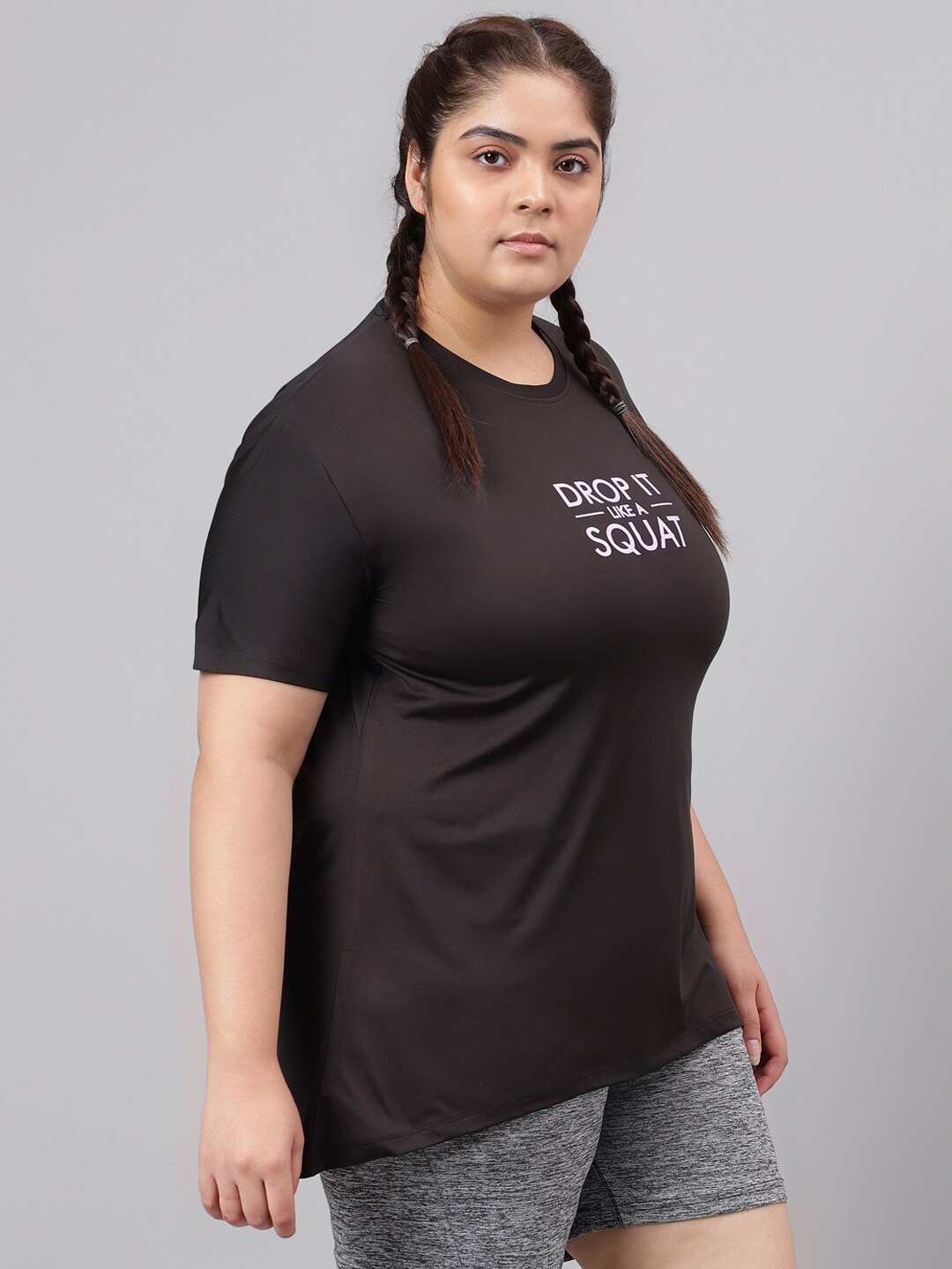 MKH Plus Size Typography Printed Drop-Shoulder Sleeves Relaxed Fit Dri-FIT T-shirt | Grocsy