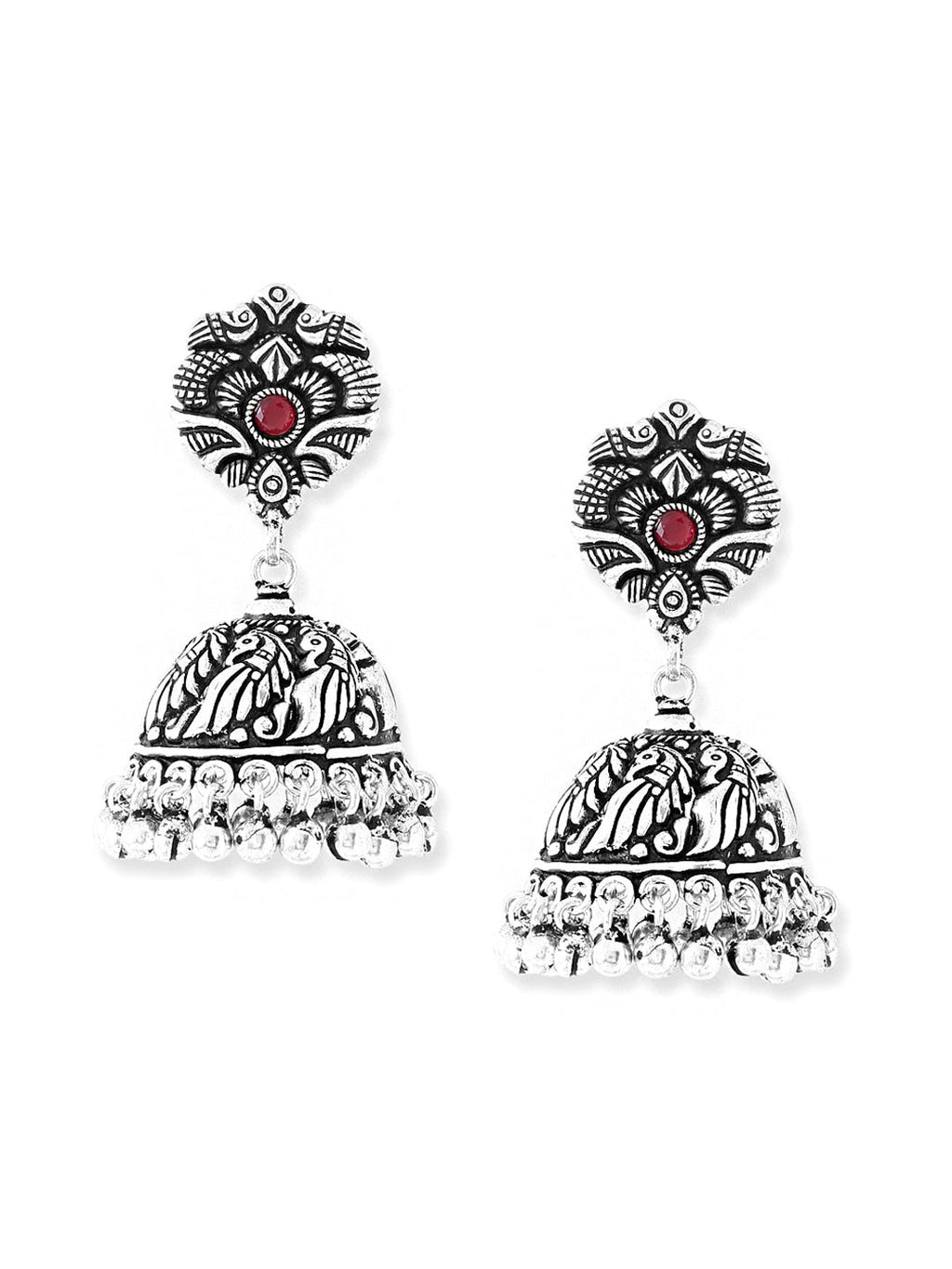 Yellow Chimes Silver-Plated Kolhapuri Peacock Design Jhumkas Earrings | Grocsy