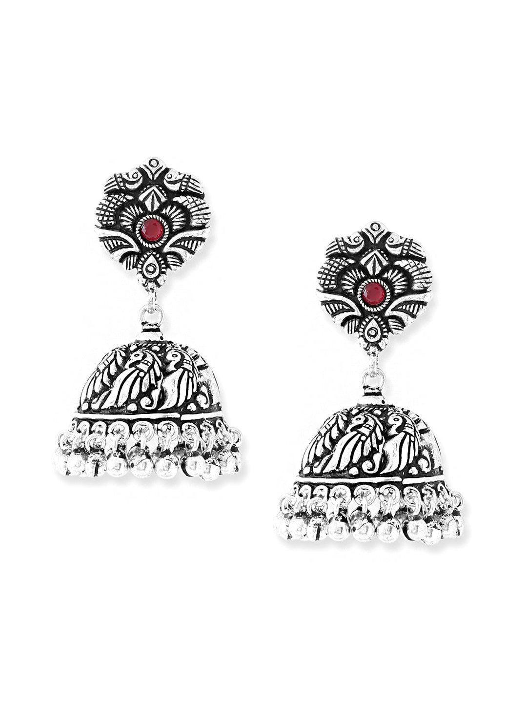 Yellow Chimes Silver-Plated Kolhapuri Peacock Design Jhumkas Earrings | Grocsy