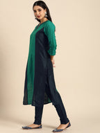 All About You Women Green & Navy Blue Colourblocked Kurta with Trousers | Grocsy