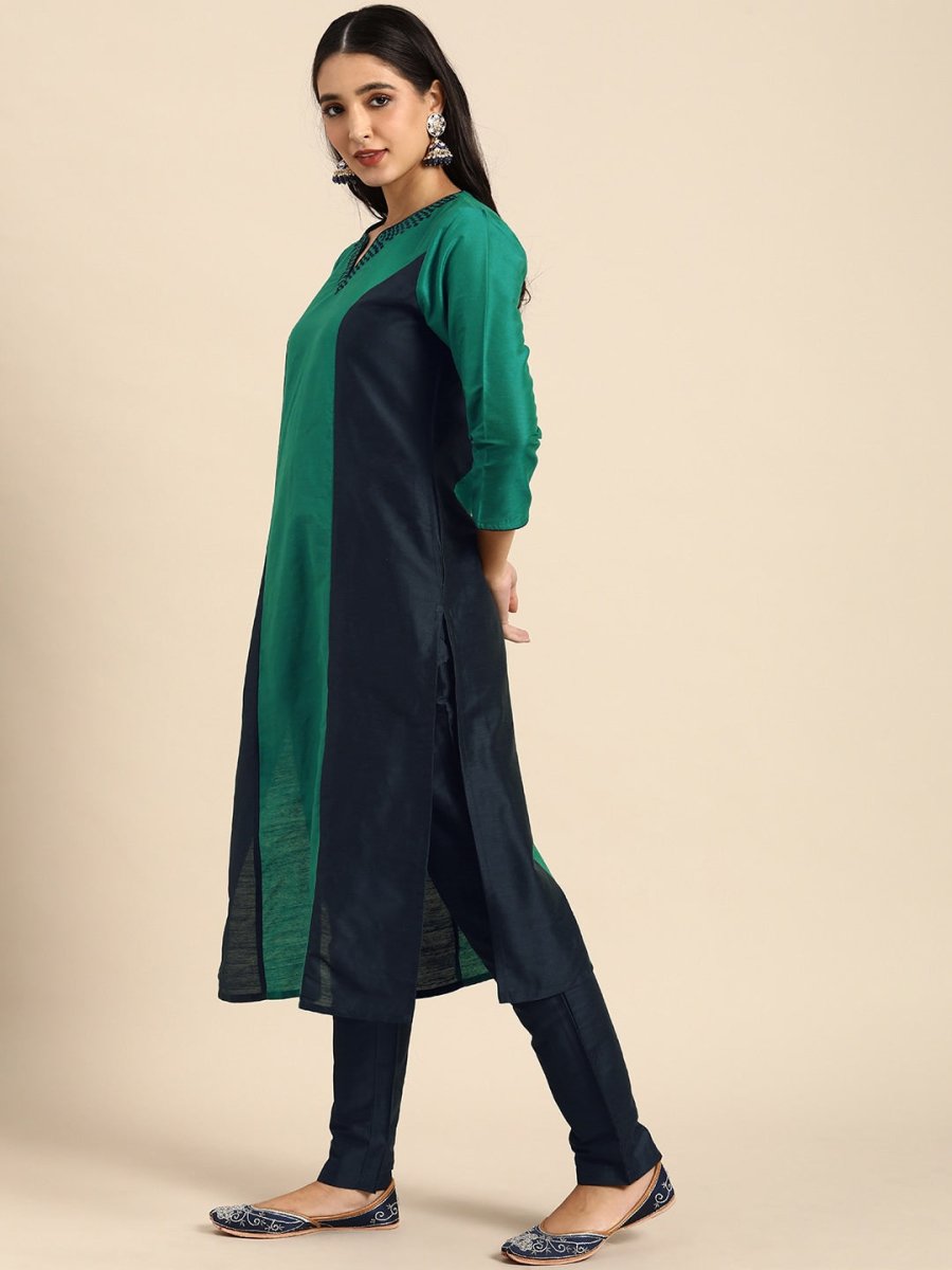 All About You Women Green & Navy Blue Colourblocked Kurta with Trousers | Grocsy
