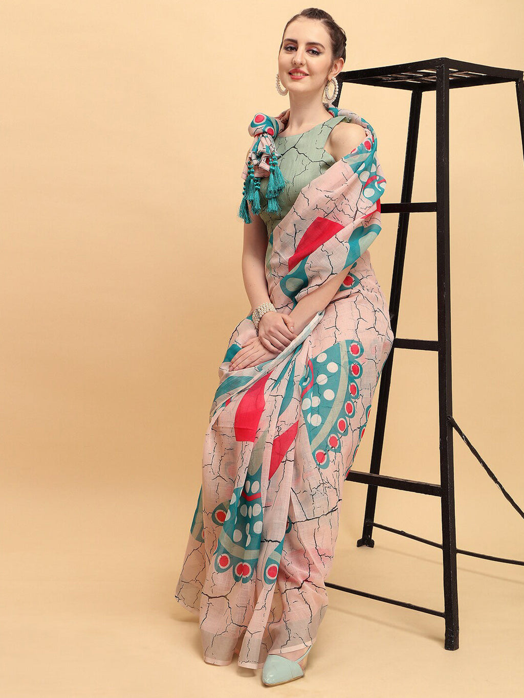 Sangria Abstract Printed Embellished Pure Linen Saree | Grocsy