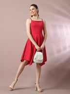 Myshka Women's Pink Solid Shoulder Straps Fit and Flare Party Dress | Grocsy