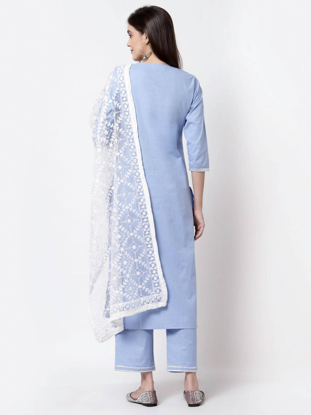 Myshka Blue Cotton 3/4 Sleeve Round Neck Solid Casual Kurta Pant Dupatta Set | Grocsy