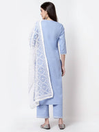 Myshka Blue Cotton 3/4 Sleeve Round Neck Solid Casual Kurta Pant Dupatta Set | Grocsy