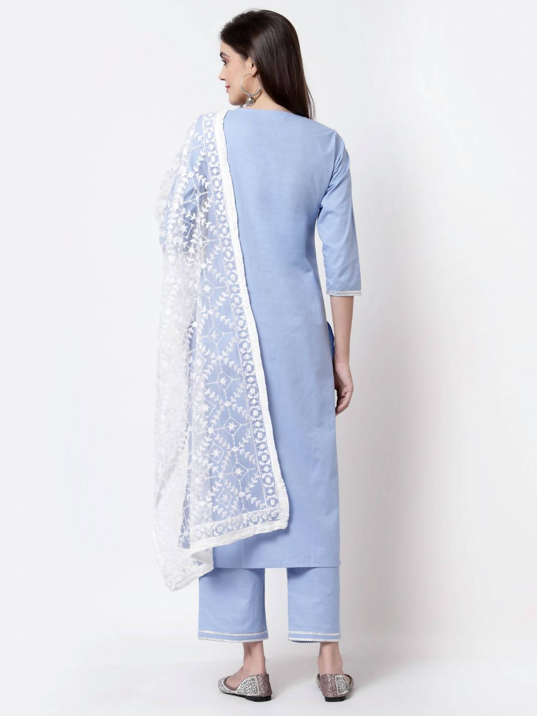 Myshka Blue Cotton 3/4 Sleeve Round Neck Solid Casual Kurta Pant Dupatta Set | Grocsy