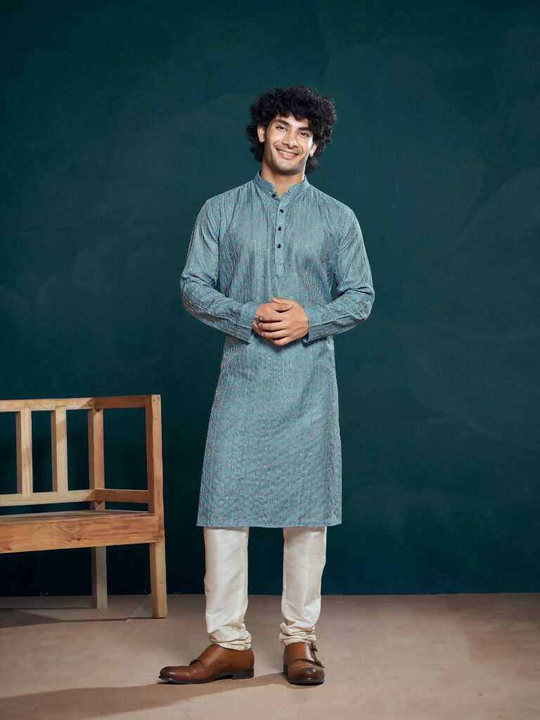 Blue Viscose Designer Sequance Embroidery Work Men's Kurta Set - Mahotsav | Grocsy