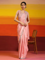 Peach Silk Satin Plain Ready to wear Saree with stitched Blouse - Vrinda | Grocsy