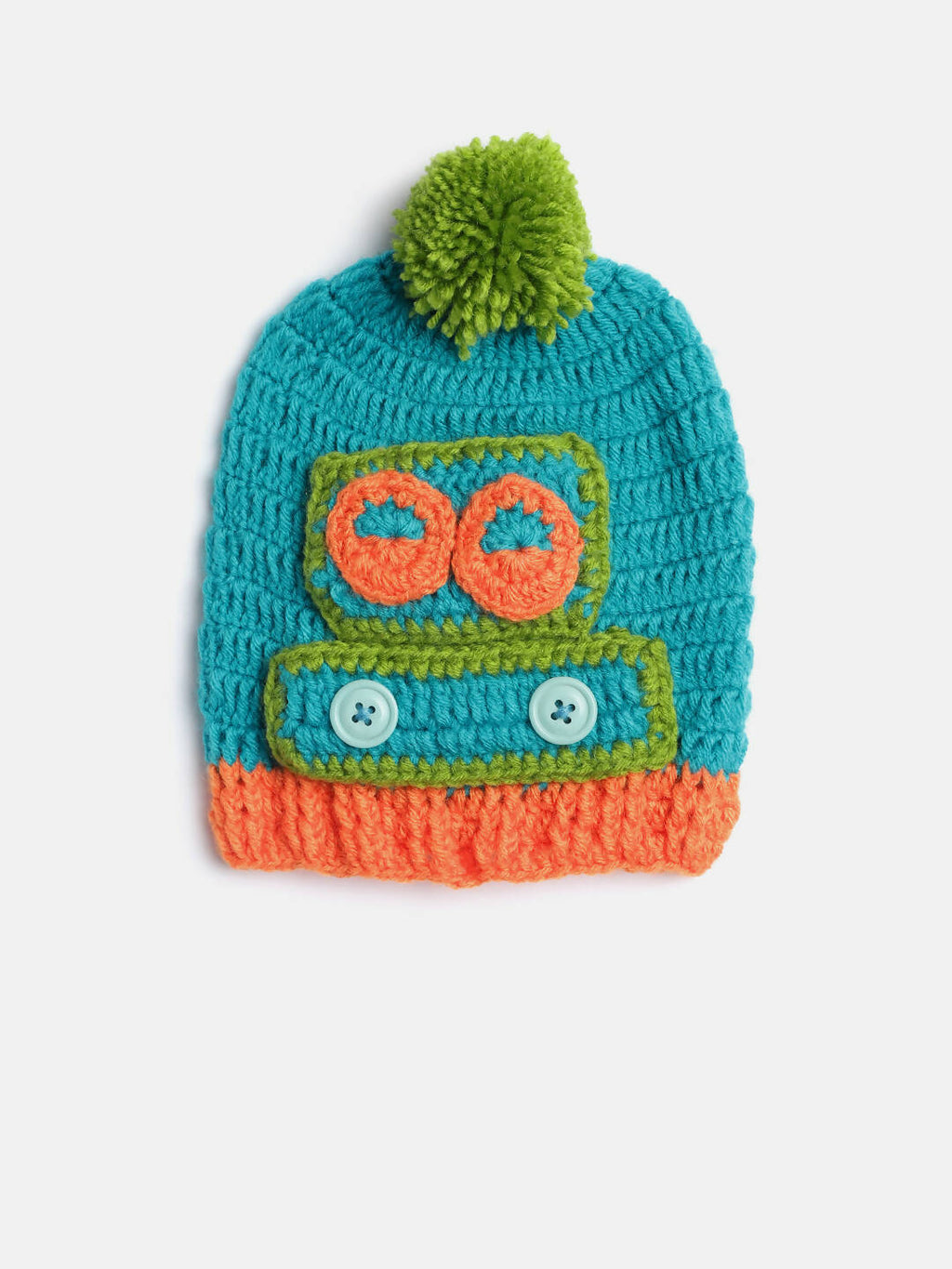 Chutput Kids Woollen Hand Knitted robot Detail Cap - Sea Green | Grocsy
