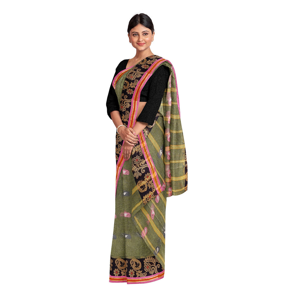 Exclusive Collection 100% Pure Cotton Pesta Tant Saree With Hand Weaving Work | Grocsy